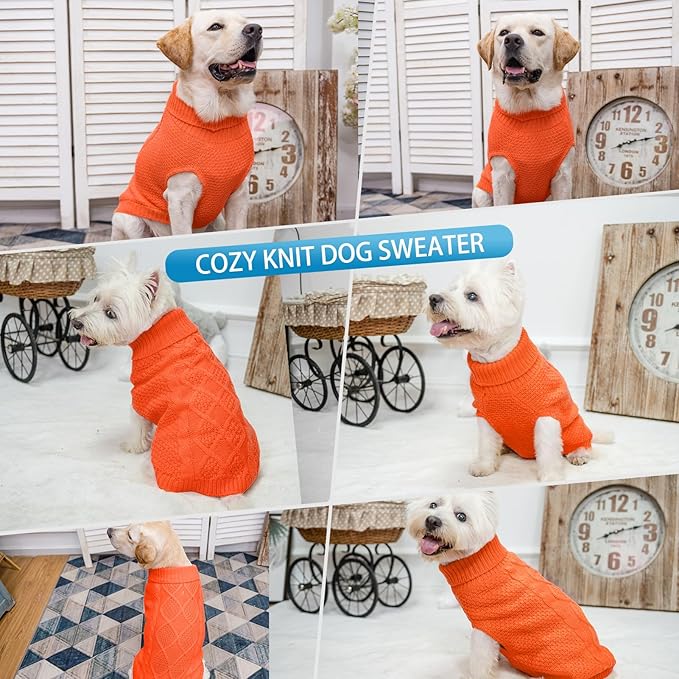 Mihachi Turtleneck Dog Sweater - Winter Coat Apparel Classic Cable Knit Clothes with Leash Hole for Cold Weather, Ideal Gift for Pet in New Year Orange X-Small