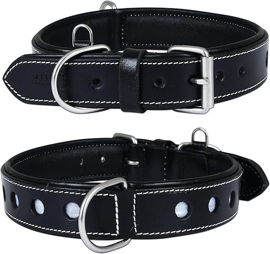 Genuine Leather Reflective Dog Collar | Stellar Series | Safe for Night Walking | Soft, Cushion Padding, Handmade | Best for Small, Medium, Large, XL (M (Fit Neck Size 14.5"-18.5"), Raven)