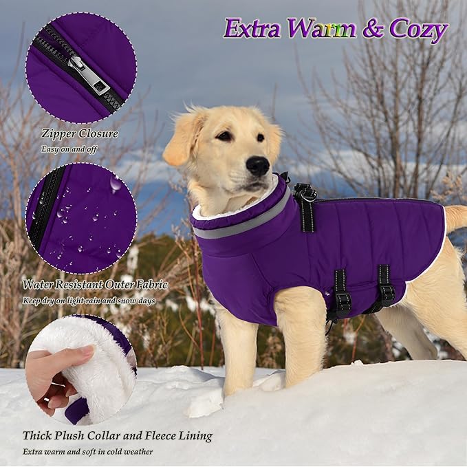 Dogcheer Dog Coat with Harness, Waterproof Dog Jacket Adjustable Pet Winter Coat with Zipper, Christmas Puppy Snow Jacket Fleece Sweater for Small Medium Large Dogs - Purple XL