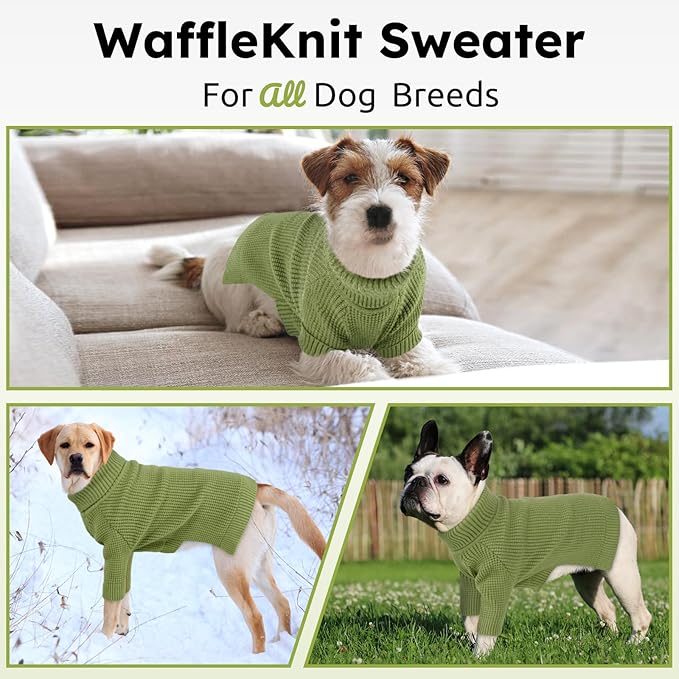 Queenmore Turtleneck Long Sleeve Knitted Sweater with Check Pattern, Fall Winter Warm Sweaters for Small to 3XL Dogs & Cats, Green