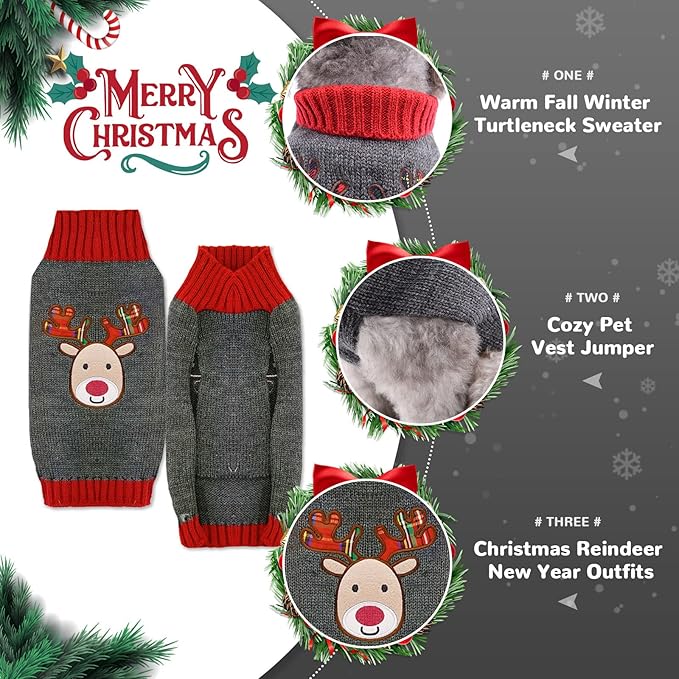 PETCARE Reindeer Christmas Dog Sweater Gray Cat Sweater Vest Cartoon Elk Pet Holiday Dog Clothes Puppy Sweaters for Small Medium Large Dogs Cats Fall Winter Outfits Xmas Dogs Costume,X-Small
