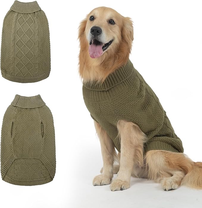 Mihachi Turtleneck Dog Sweater - Winter Coat Apparel Classic Cable Knit Clothes with Leash Hole for Cold Weather, Ideal Gift for Pet in New Year Army Green New XL
