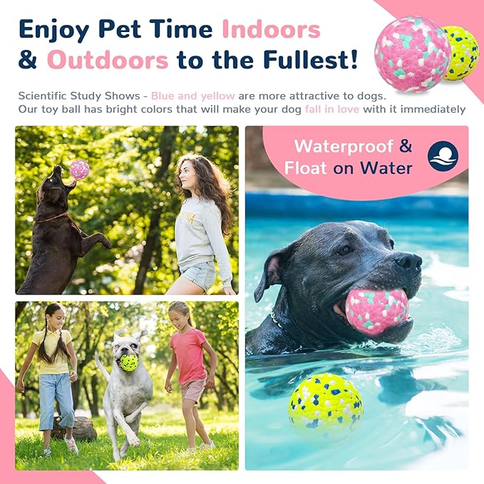 Petcare 2 Pack Dog Balls Toys for Aggressive Chewers Indestructible Tennis Balls for Medium Large Dogs Water Toy Chew Ball Tough Durable Big Dog Toys Bouncing Ball for Dogs to Fetch, Pink+Green
