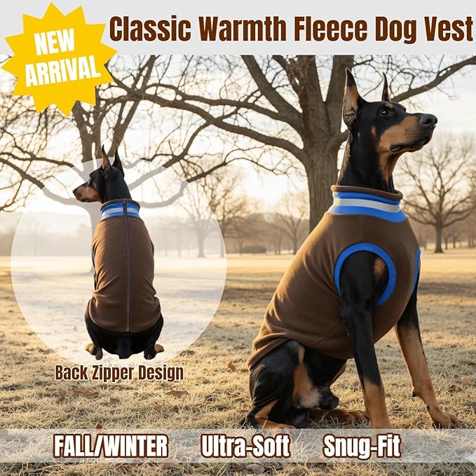 Winter Warm Turtleneck Fleece Vest Dog Sweater, Ultra-Soft & Snug Coat for Large Dogs with Back-Zipper, Thermal Doggie Vests Jacket with Reflective Strip, Pet Clothes Boxer Labrador Boy Girl(Brown,XL)