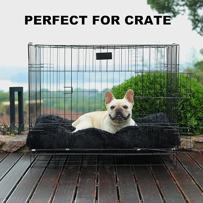 Bedfolks Waterproof Crate Pad, Plush Faux Fur Dog Bed With Removable Cover for Medium Dogs, Fluffy Washable Kennel Bed 29"x21", Black