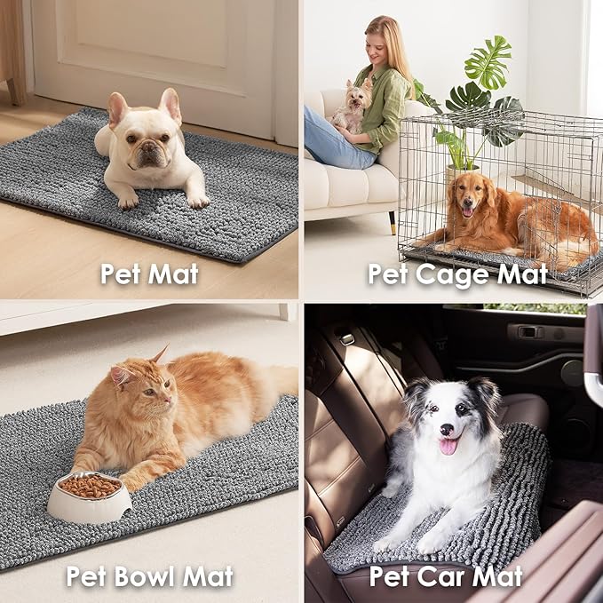 EHEYCIGA Super Absorbent Dog Door Mat for Muddy Paws 24x16 Inch Indoor, Front Doormat Outside Entrance, Quick Dry Chenille Washable Dog Crate Bed, Non-Slip Pet Rug Mud Mat Outdoor Entryway, Grey