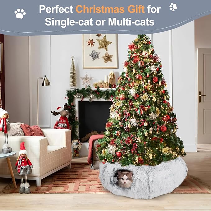 Cat Tunnel Bed for Indoor Cats - Christmas Tree Skirts Washable Warm Soft Indoor Cat Donut Tunnel, Multifunctional Cat Interactive Playground Toys for Felines Pet Christmas Tree Decoration