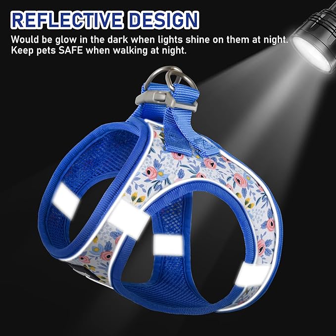 GAMUDA Small Dog Harness Collar and Leash Set, Step in No Chock No Pull Soft Mesh Adjustable Dog Vest Harnesses Plaid Reflective for Dogs Puppy Cats Kitten Rabbit (Blue Flower, XL)