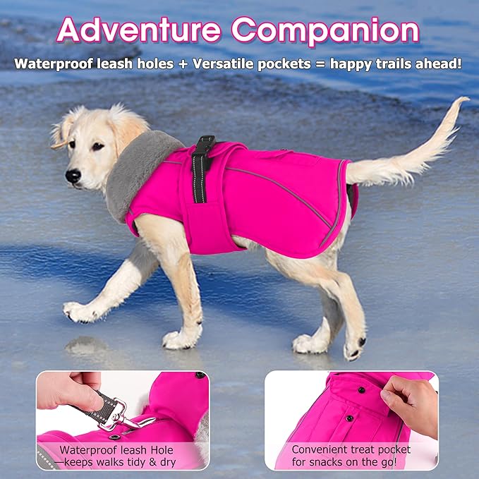 Dogcheer Dog Coat with Pocket, Waterproof Dog Jacket with Adjustable Buckle, Reflective Puppy Winter Coat Warm Turtleneck Fleece SnowJacket for Small Medium Large Dogs - Pink S