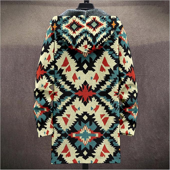 Mens Aztec Print Hoodie Heavyweight Cotton Fleece Jacket Zip Up Warm Long Sleeve Hooded Winter Midi Coat