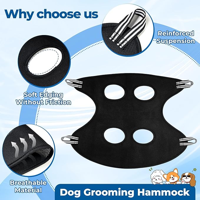 Pet Grooming Hammock for Cats & Dogs, Breathable Mesh Dog Hanging Harness for Nail Trimming, Grooming, Bathing Includes S Hooks, Dog Hammock/Grooming Sling, Pet Grooming Sling Helper(Black,M)
