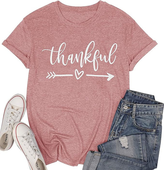 NIUBIA Women's T Shirts Summer Tops Simple Heart Graphic Shirts Sayings Short Sleeve Vacation Casual Blouse Thankful Tee