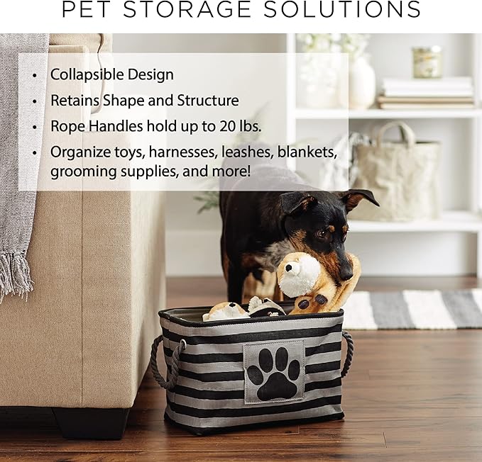 Bone Dry Pet Storage Collection Striped Paw Patch Bin, Medium Rectangle, Gray