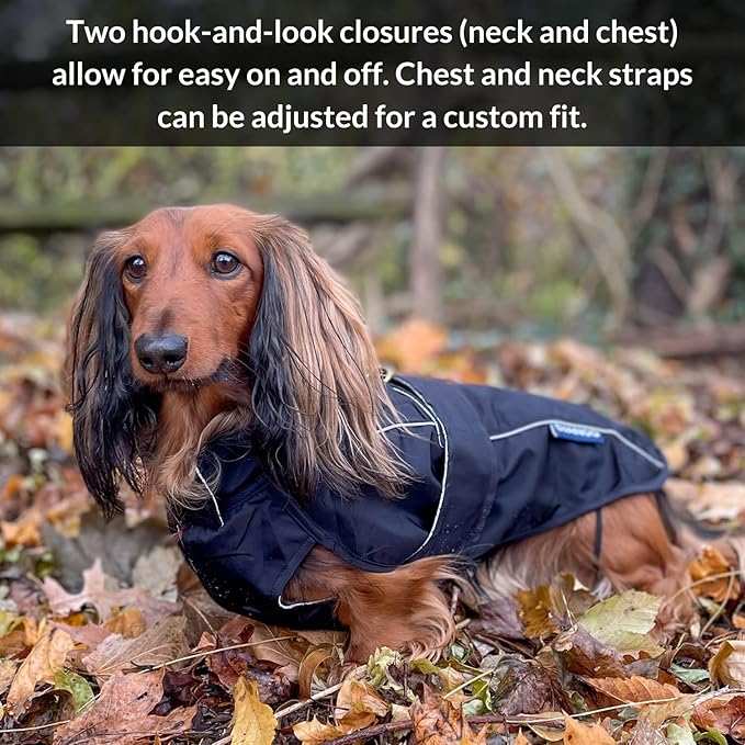 DJANGO Dog Jacket & Raincoat – Lightweight Water-Resistant Coat for Small, Medium & Long Dogs Like Dachshunds – Reflective, Adjustable Fit, Harness-Compatible & Easy-Access Harness Hole - Black, Large