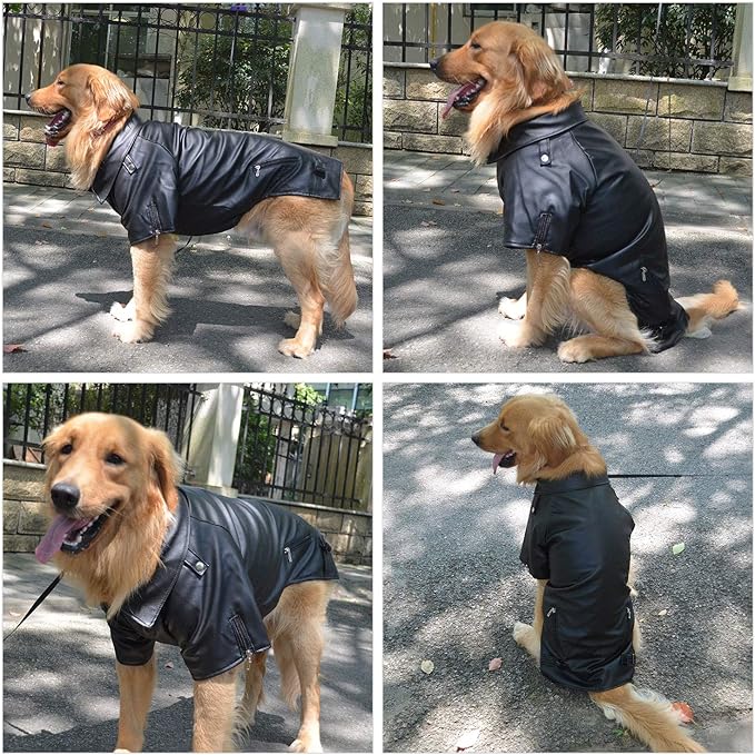 Lovelonglong Cool Dog Leather Jacket, Warm Coats Dogs Windproof Cold Weather Coats for Large Medium Small Dogs, Boston Terrier Bichon Clothing Black XXL