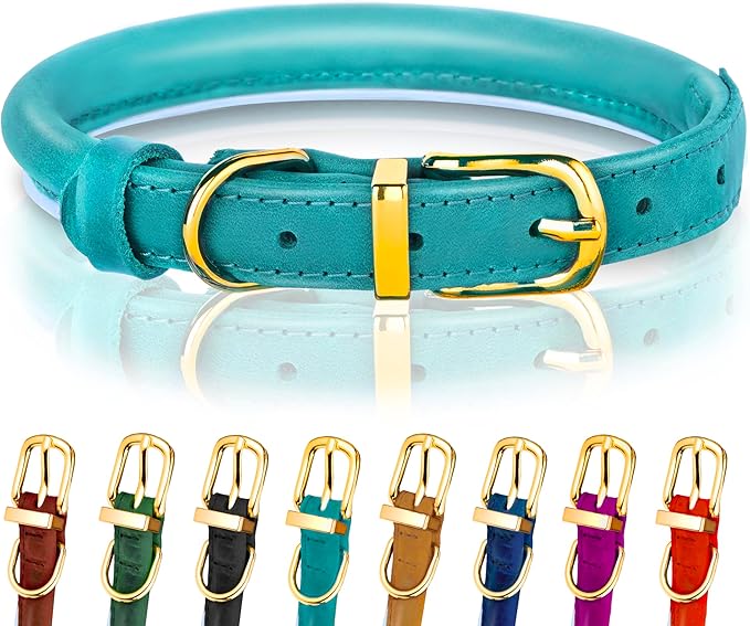 OOPSDOGGY Reflective Rolled Leather Dog Collar Adjustable Soft Padded Pet Collar for Small Medium Large Breed Dogs (Teal, L, 14"-18")