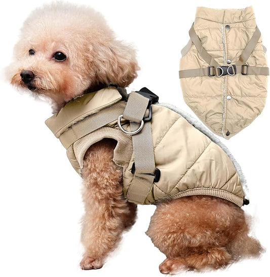 Dog Jacket with Harness,Fleece Lined Warm Puppy Coat for Winter,Soft Windproof Large Dog Vest,Khaki XXL