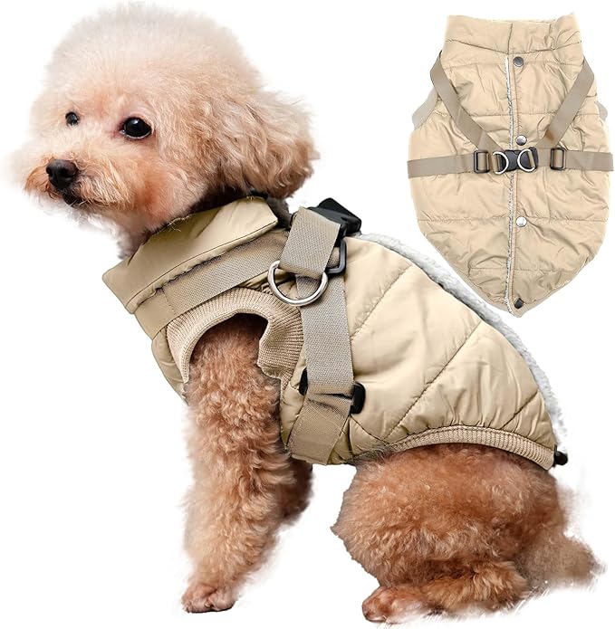 Dog Jacket with Harness,Fleece Lined Warm Puppy Coat for Winter,Soft Windproof Large Dog Vest,Khaki XXXL