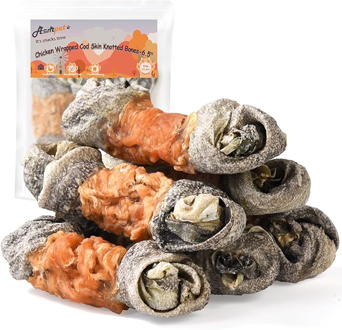 ASMPET Dog Cod Skin Treats, Chicken Wrapped Cod Skin Knotted Bones, Rawhide Free Dog Treats Chews Bones, Extra Large