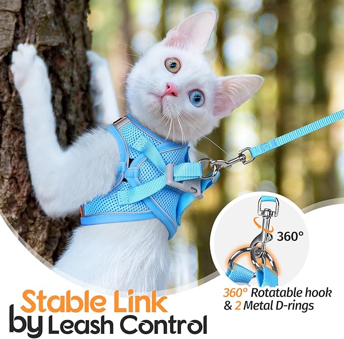 Dooradar Cat Harness and Leash Set, Escape Proof Lightweight Kitten Harness, Soft Breathable Reflective Vest for Outdoor Walking Traveling, Adjustable for Large Cats, Orange & Blue, L