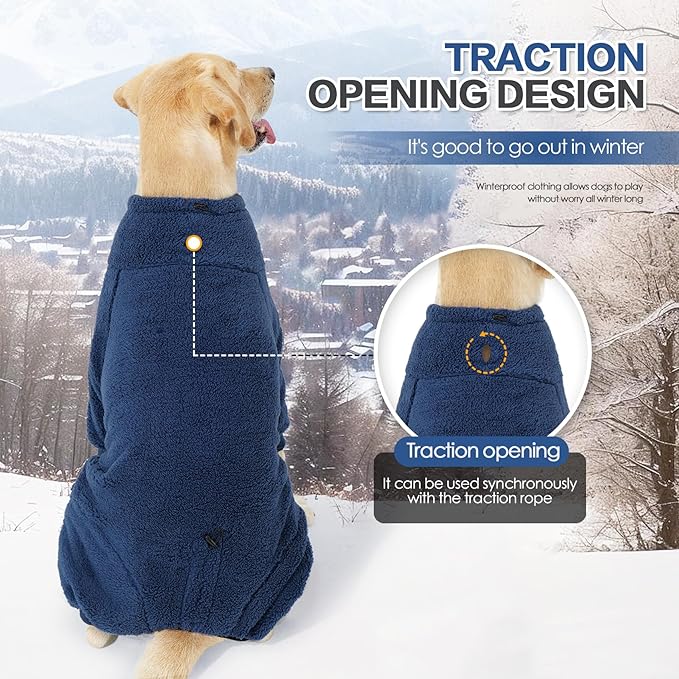 Dog Winter Coat, Warm Fleece Dog Jacket, Windproof Pullover Jumpsuit, Full Body Pajamas Onesie, Cold Weather Clothes for Medium Large Dog(XL,NavyBlue)