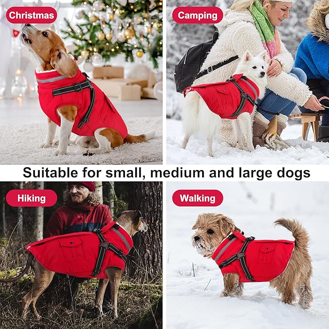 Dogcheer Dog Coat with Harness, Waterproof Warm Dog Winter Jacket with Pockets, Reflective Pet Fleece Jacket Turtleneck Snowsuit for Small Medium Large Dogs - Red, XL