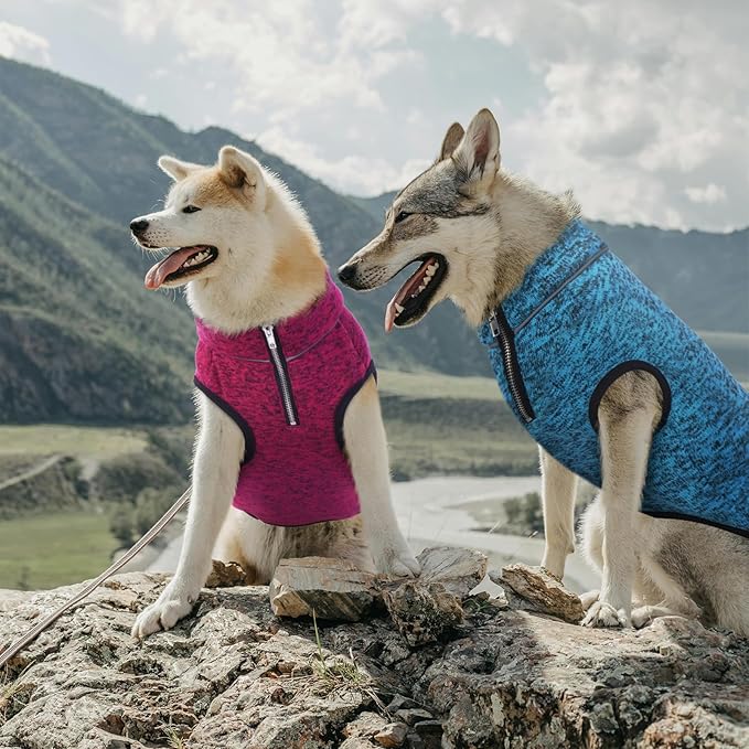 ROZKITCH X-Large Dog Sweater, Stretchy Jacket with Fleece Lining, Knit Pet Coat for Large with Zipper Opening for Harness, Fleece Jumpsuit Adjustable Neck Reflective Pet Jacket Rosered XL