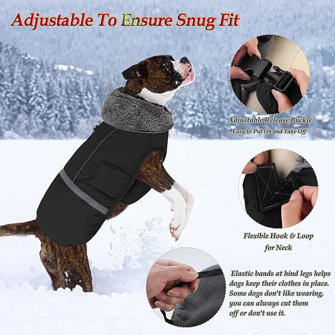 Dogcheer Warm Dog Coat, Waterproof Dog Jacket Christmas Puppy Winter Coat with Buckle, Reflective Adjustable Pet Snow Jacket Turtleneck Fleece Sweater for Small Medium Large Dogs - Black, M