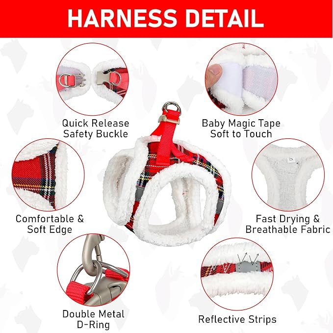 GAMUDA Small Dog Harness Collar and Leash Set, Step in No Chock No Pull Soft Mesh Adjustable Dog Vest Harnesses Plaid Reflective for Dogs Puppy Cats Kitten Rabbit (Warm Red, L)