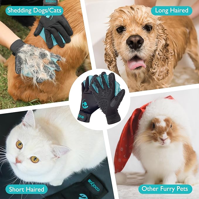 COOLJOB Patented Pet Grooming Gloves with Web, Reusable Washable Cleaning Brush Massage Hair Remover for Short Long Haired Dog Cat Horse Animal, Washing Bathing Shedding Supplies, Large, Blue Black