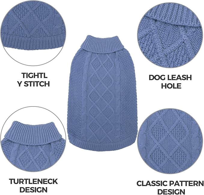 Mihachi Turtleneck Dog Sweater - Winter Coat Apparel Classic Cable Knit Clothes with Leash Hole for Cold Weather, Ideal Gift for Pet in New Year Grayish Blue XL