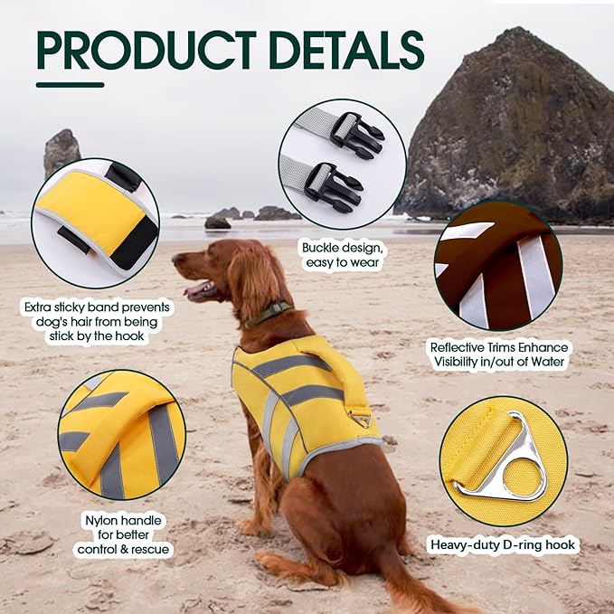 Kuoser High Visibility Dog Life Jacket with Reflective Stripes - Adjustable Ripstop Pet Lifesaver with High Flotation for Small, Medium & Large Dogs