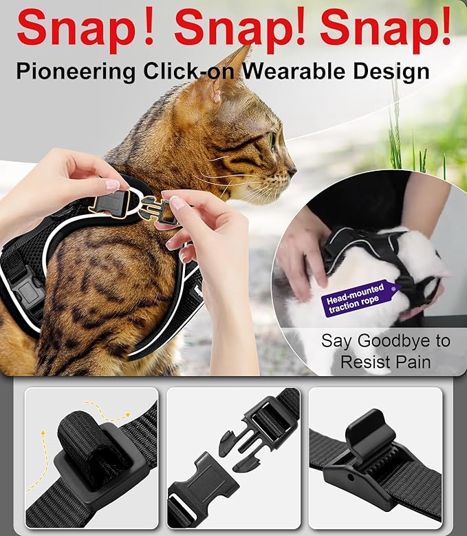 Cat Harness and Leash for Walking Escape Proof Soft Adjustable Cat Leash Breathable Comfortable Vest Easy to Wear Kitten Harness for Outdoor Travel Black M