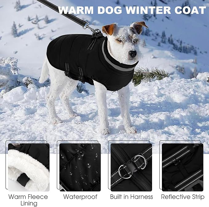 Large Dog Coat with Harness Built-in, Waterproof Reflective Fleece Lined - Warm Windproof Winter Jacket with Back Zipper, Cold Weather Snow Dog Coats - Black - 3XL