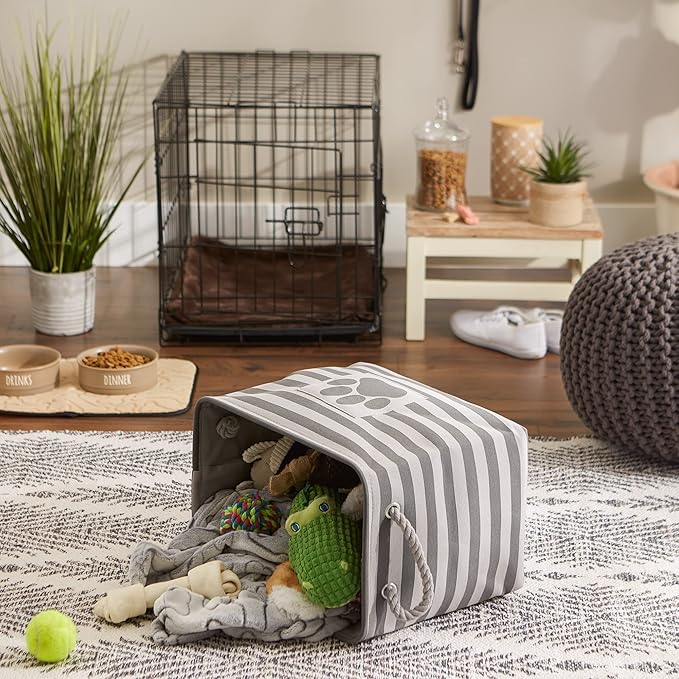 Bone Dry Pet Storage Collection Striped Paw Patch Bin, Medium Rectangle, Gray