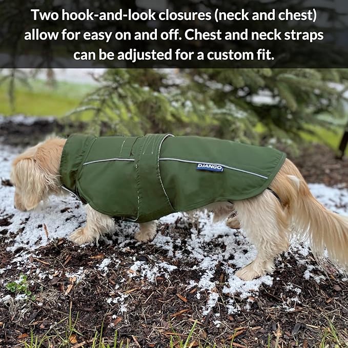 DJANGO Dog Jacket & Raincoat – Lightweight Water-Resistant Coat for Small, Medium & Long Dogs Like Dachshunds – Reflective, Adjustable Fit, Harness-Compatible & Easy-Access Harness Hole - Green, Large