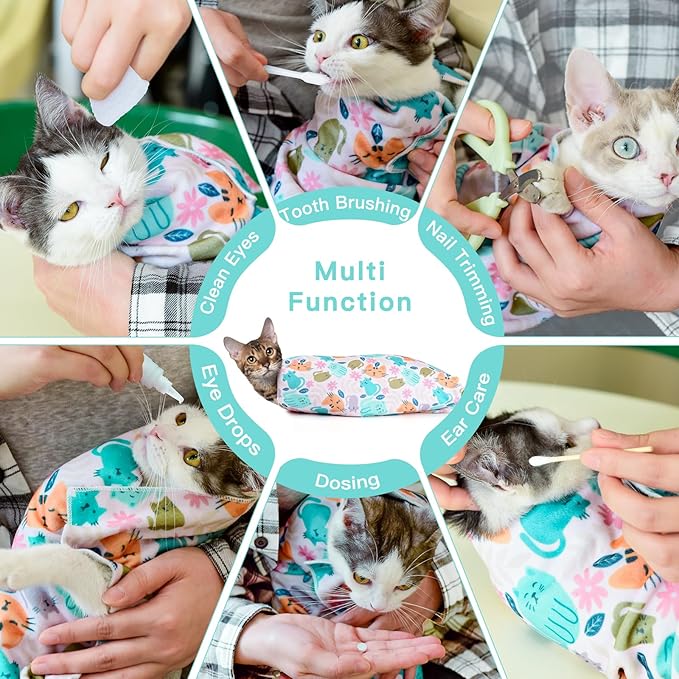 Cat Wrap for Grooming Self-Adherent Cat Wrap for Cutting Nails Cat Grooming Wrap Cat Burrito Wrap Anti-Bite, Anti-Escape Cat Swaddle Wrap 2PCS (Green Kitten-M & Floral-XL, M & XL)