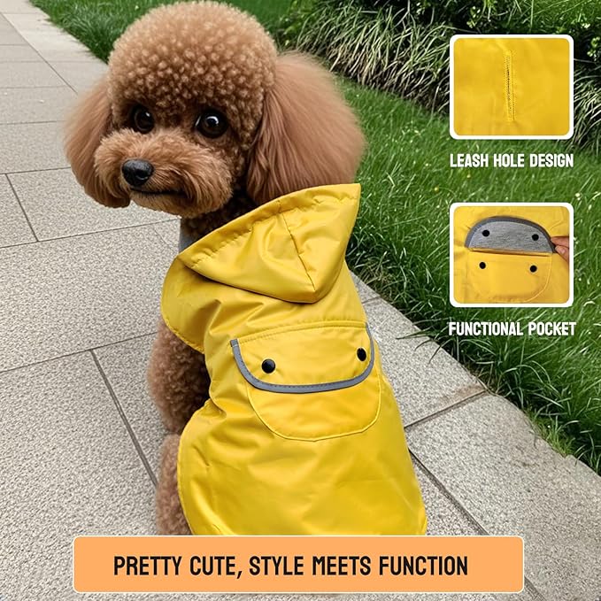 Dog Raincoat Dogs Rain Jacket Reflective Poncho Rainwear Waterproof Pet Clothes Warm Lined Pocket Hooded Leash Hole Adjustable Small Medium Dogs,Yellow,L,Back Length 12.0 Inch