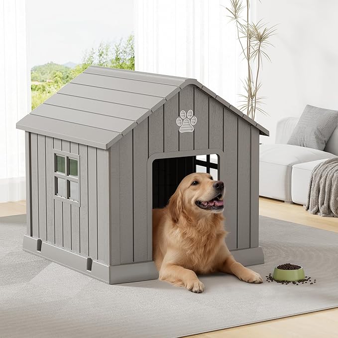 Dog House for Outdoor & Indoor Use with Window, Waterproof Ventilated Kennel with Elevated Floor, Easy to Clean Shelter for Small Medium Large Dogs (Grey, 37.2" L x 40" W x 40" H)