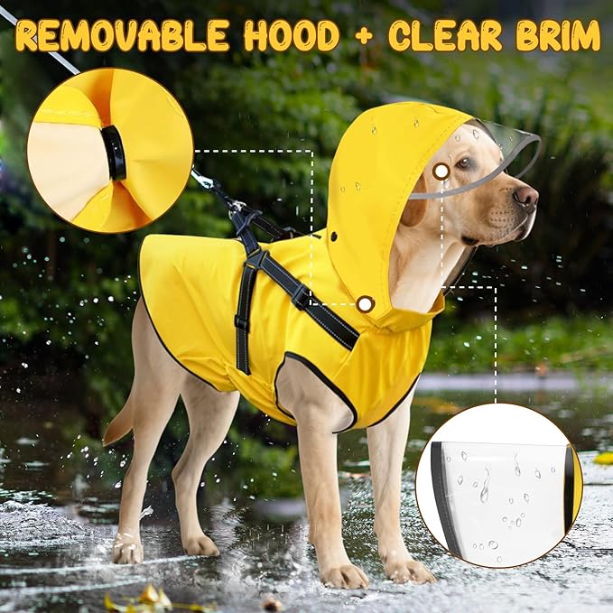 Dog Raincoat: Dog Rain Jacket with Reflective Harness & Removable Hood | Waterproof Dogs Rain Coat Poncho for Large Medium Small Dogs Puppies (Yellow - XXL)