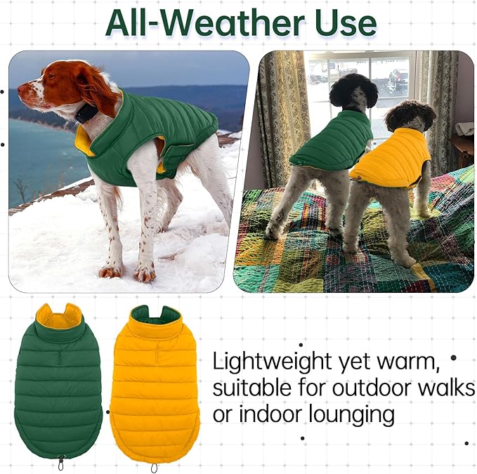 Lelepet Reversible Dog Coat Waterproof Dog Jacket Windproof Puffer Vest for Winter Warm Lightweight Coats for Small Dogs Adjustbale Hook & Loop Pet Apparel with Leash Hole, Pug, Green, M