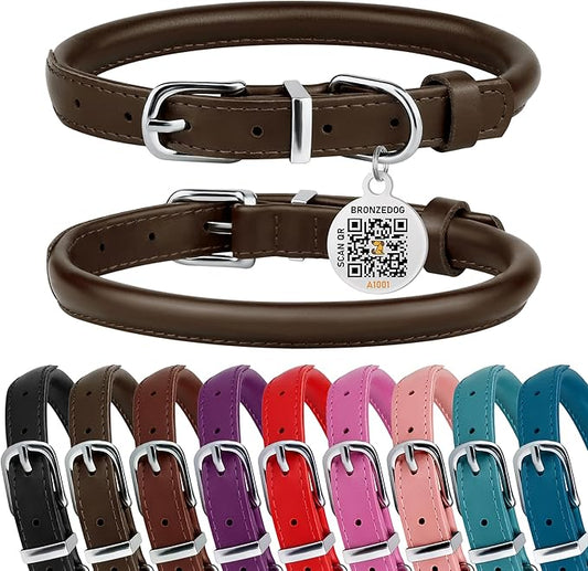 BRONZEDOG Rolled Leather Dog Collar for Small Medium Large Dogs with QR ID Tag (XS: 9-11 Inch, Coffee Brown)