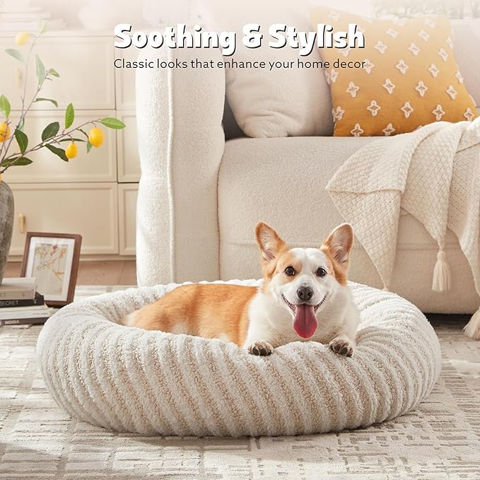 MIXJOY Dog Beds for Small Dogs, Washable Dog Bed with Removable Cover, Small Cat Bed for Indoor Cats, Calming Soft Dount Pet Beds with Anti Slip Bottom, Cute Puppy Beds, 23"x23"x8", White