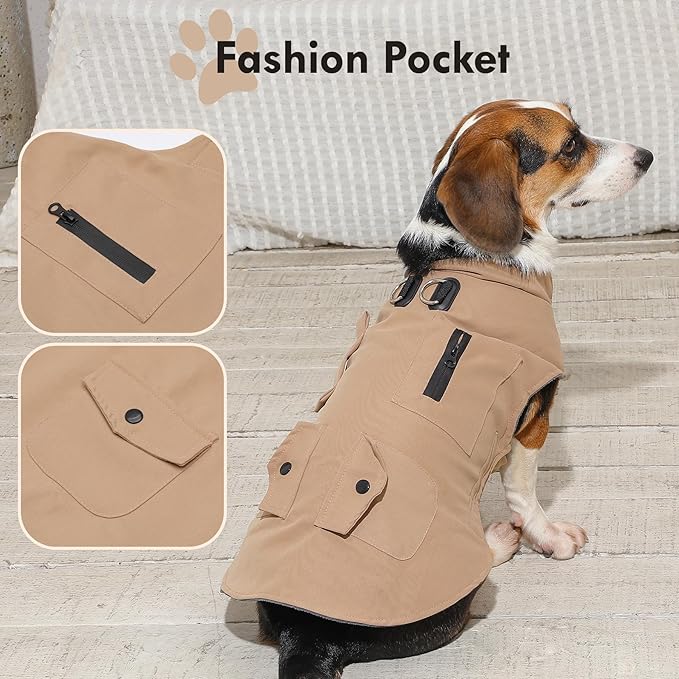 Workwear Style Dog Coats with Harness Built in for Small Dogs Windproof Warm Puppy Jacket with Storage Pockets for Cold Winter,LightBeige XL