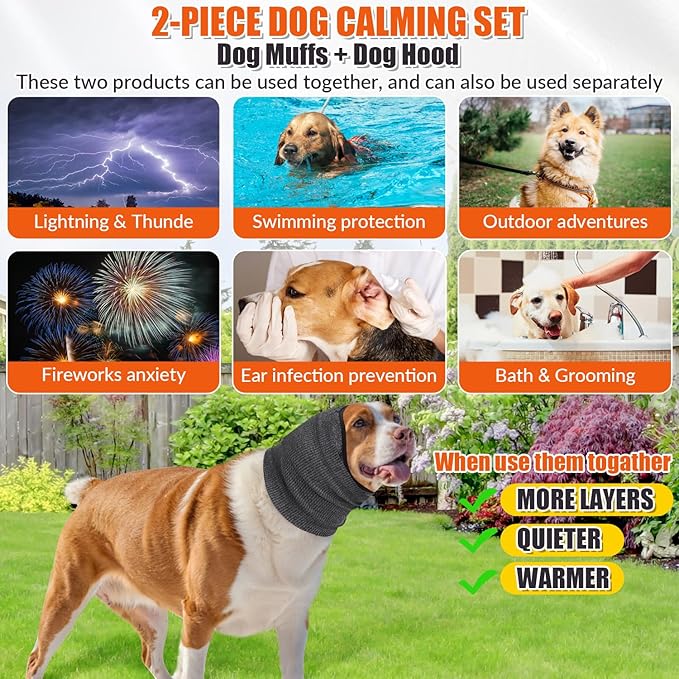 SlowTon Quiet Ears Dog Hoodie - 2 Pcs Ear Wrap Dog Ear Muffs Noise Protection, Anxiety Relief Dogs Hat Calming Hood Head Cover, Pet Headband Dogs Ear Protector for Grooming, Force Drying (Grey,S)