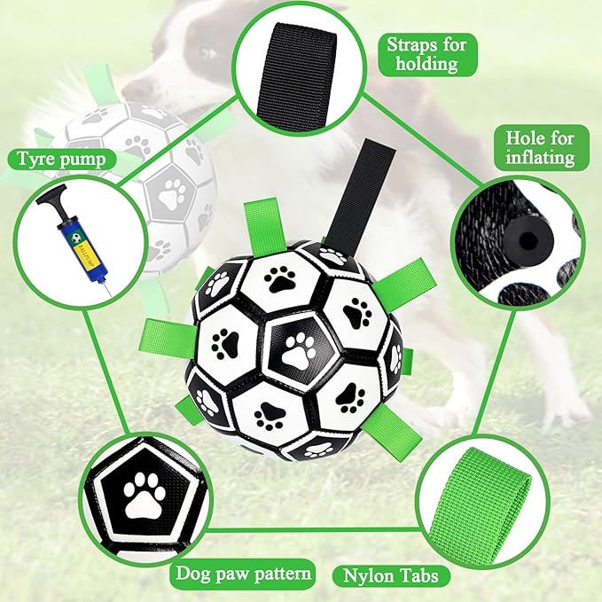 Dog Soccer Ball Toys with Straps, 6'' Interactive Dog Toys for Tug of War, Puppy Birthday Gifts, Dog Tug Toy, Dog Water Toy, World Cup Durable Dog Balls for Small Medium Dogs (6 Inch - Medium)