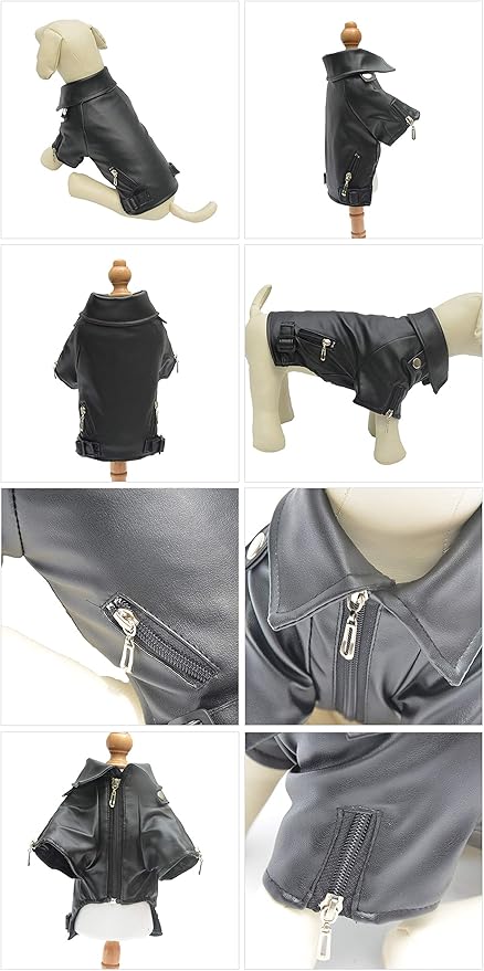 Lovelonglong Cool Dog Leather Jacket, Warm Coats Dogs Windproof Cold Weather Coats for Large Medium Small Dogs, Boston Terrier Bichon Clothing Black XXL
