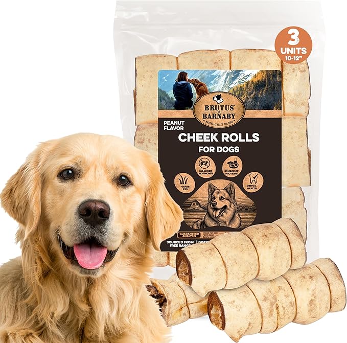 Premium Beef Cheek Rolls for Dogs 10-12" - (3-Pack), Peanut Butter Flavored Long Lasting, Safe & Natural Rawhide Alternative Chews, Ideal for Large Dogs & Aggressive Chewers, Supports Dental Health