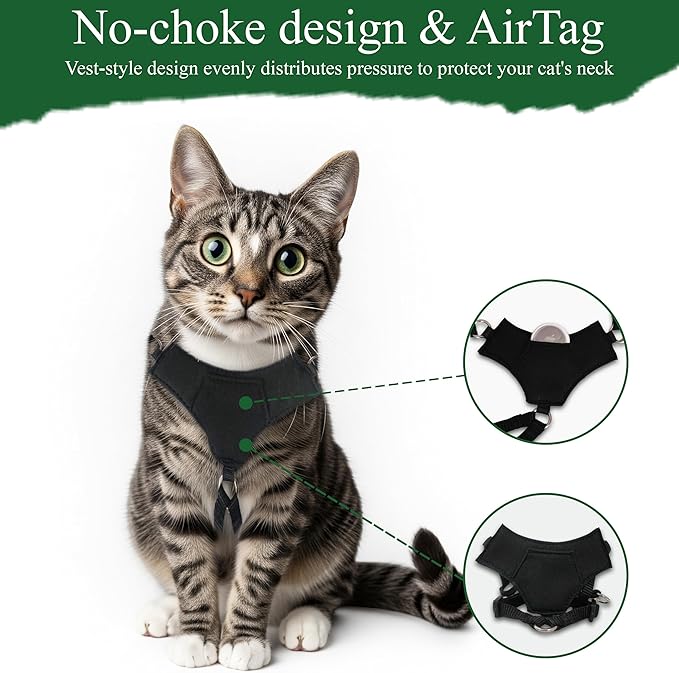 A1HC Escape Proof Cat Harness and Leash - Soft Adjustable Vest, Comfortable Mesh and Long Strips with Air Tag Pocket, Easy Control, Safe Walking Harness for Cats & Kittens - Black (Medium)
