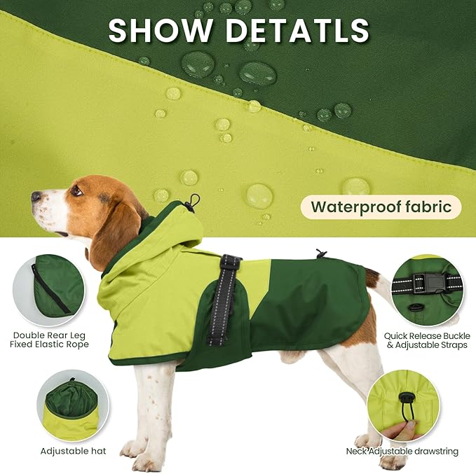 BRKURLEG Dog Raincoat for Small Medium and Large Dogs Waterproof Dog Rain Jacket Adjustable Hooded Dogs Raincoat Pet Rain Coat Poncho with Leash Hole, Reflective Strip, Green, S